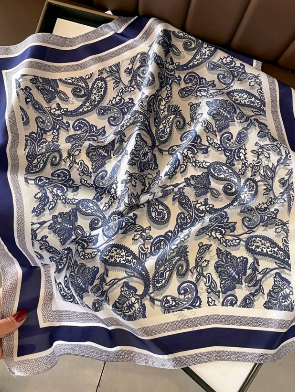 Navy Blue Off White Cream Paisley Satin Scarf Summer Vacation Travel